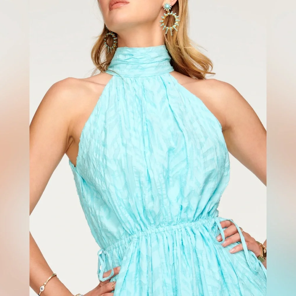 RAMY BROOK Jess Halter Midi Dress Sky Blue Textured Cotton Back Bow Tie Size XS - Picture 5 of 8